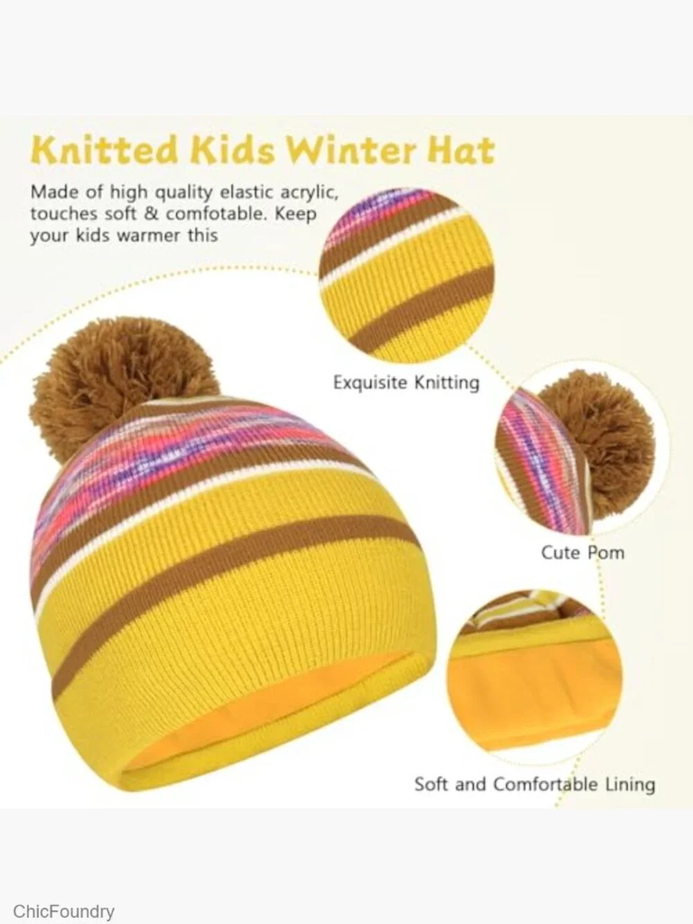 Kids Winter Hat Scarf Gloves Set - Knit Beanie, Fleece Lined for 3-8 Years